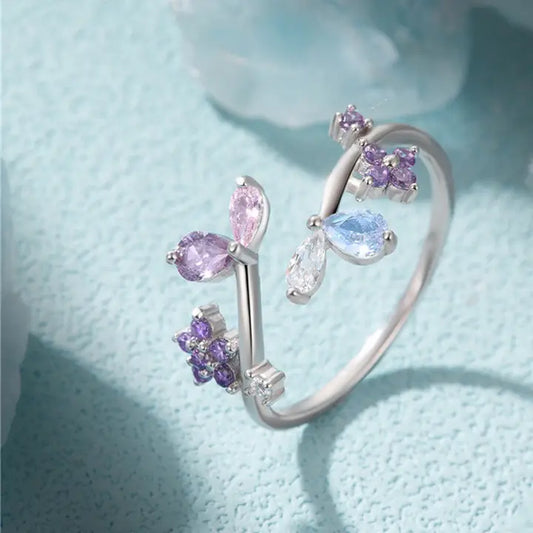 Purple Flower Stacking Bypass Ring in 925 Sterling Silver
