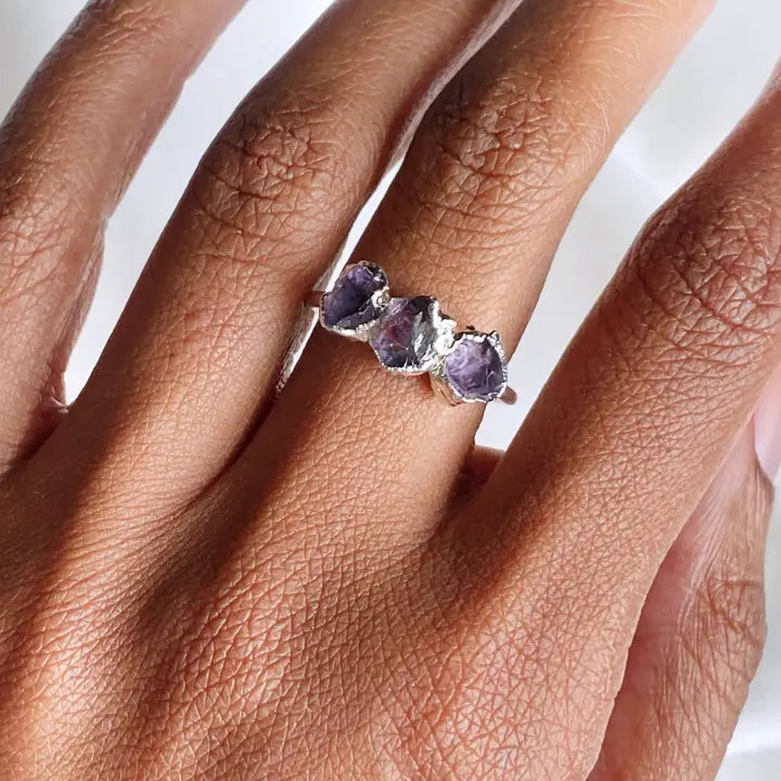 Amethyst Silver Tri-Stone Ring