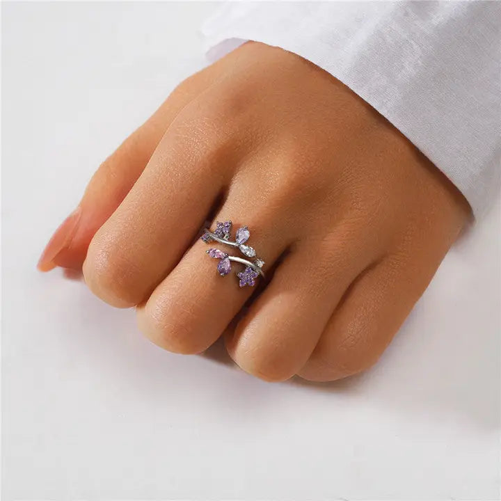 Purple Flower Stacking Bypass Ring in 925 Sterling Silver