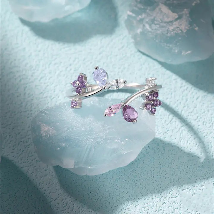 Purple Flower Stacking Bypass Ring in 925 Sterling Silver