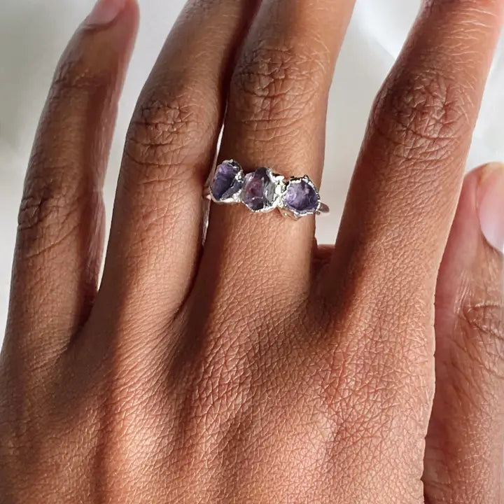 Amethyst Silver Tri-Stone Ring