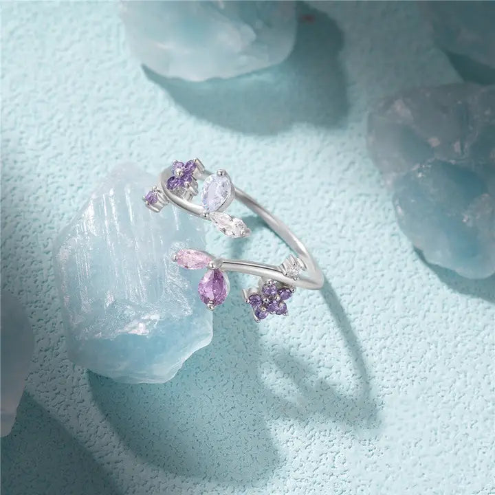 Purple Flower Stacking Bypass Ring in 925 Sterling Silver