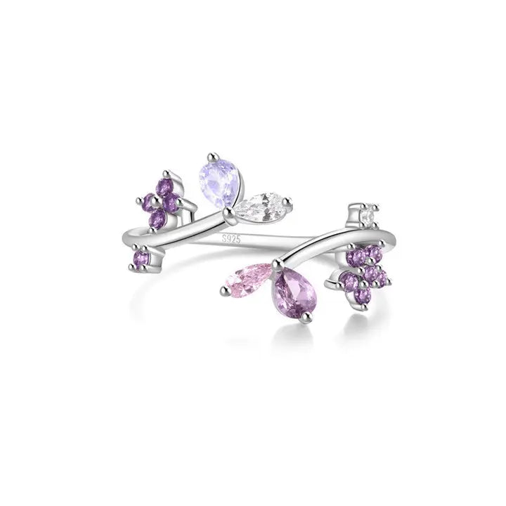 Purple Flower Stacking Bypass Ring in 925 Sterling Silver